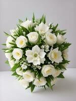Strauß von Weiß Blumen zum ein Hochzeit, auf ein Weiß Hintergrund. ai generativ foto