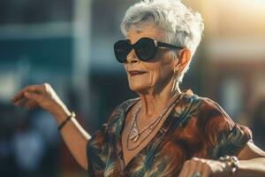 Mode Alten Frau im Sonnenbrille lächelnd draussen. generieren ai foto