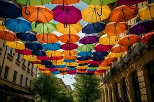 bunt Regenschirm Stadt Straße dekorativ. generieren ai foto