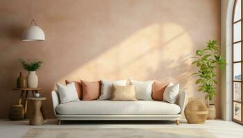 ein modern Leben Zimmer Design mit leeren Sofa und Sessel auf das Wand, mit glatt Linien, einfach Silhouetten, und neutral Farben, schafft ein minimalistisch und einladend Raum. generativ ai foto
