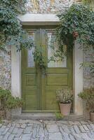 Bild von ein Grün Eingang Tür zu ein Wohn Gebäude mit ein Antiquität Fassade foto