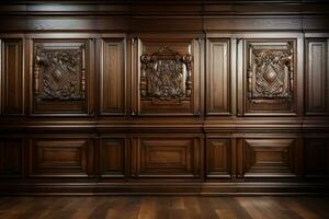 Luxus Holz Verkleidung Hintergrund oder Textur auf Halle oder Gerichtssaal ai generiert foto