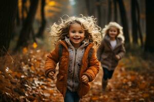 Kinder glücklich Laufen beim das Strand während Herbst ai generiert foto