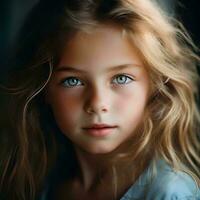 Porträt von ein klein Kind mit schön Augen, ai generativ foto