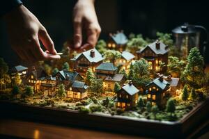 Hobbyist vorbereiten ein Miniatur von ein Mini Dorf Diorama ai generiert foto