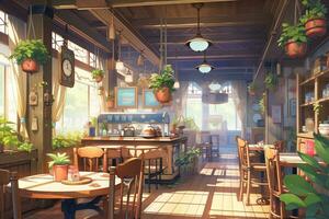 Illustration von ein Cafe Innere während Morgen ai generiert foto