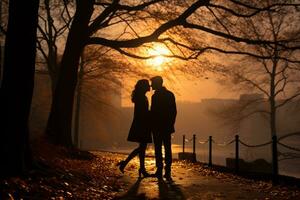 Liebhaber Gehen beim ein Park, Romantik Stimmung ai generiert foto