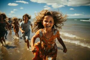 Kinder glücklich Laufen beim das Strand ai generiert foto