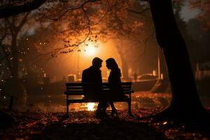 Liebhaber Sitzung im ein Bank beim ein Park, Romantik Stimmung ai generiert foto