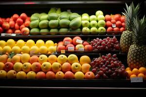 Reihen von Früchte auf Regale, Supermarkt Konzept ai generiert foto