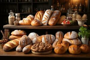 verschiedene Art von Brot auf Regale, Bäckerei Geschäft Konzept ai generiert foto