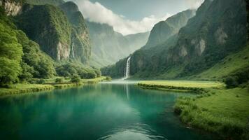 ein heiter, still See eingebettet im ein grün Schlucht, umgeben durch hoch aufragend Klippen und Kaskadierung Wasserfälle, Natur Hintergrund ai generativ foto