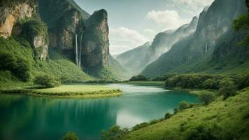 ein heiter, still See eingebettet im ein grün Schlucht, umgeben durch hoch aufragend Klippen und Kaskadierung Wasserfälle, Natur Hintergrund ai generativ foto