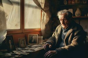 Alten Mann Sitzung durch das Fenster im ein alt Wohnung, alt Foto im Hand, Einsamkeit