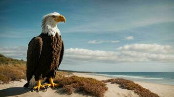 ein schön Sommer- Tag mit Blau Himmel und ein einsam stellers Meer Adler Über das Strand ai generativ foto