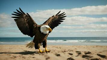 ein schön Sommer- Tag mit Blau Himmel und ein einsam stellers Meer Adler Über das Strand ai generativ foto