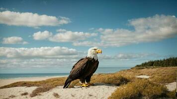 ein schön Sommer- Tag mit Blau Himmel und ein einsam stellers Meer Adler Über das Strand ai generativ foto