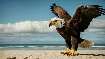 ein schön Sommer- Tag mit Blau Himmel und ein einsam stellers Meer Adler Über das Strand ai generativ foto