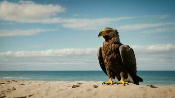 ein schön Sommer- Tag mit Blau Himmel und ein einsam stellers Meer Adler Über das Strand ai generativ foto