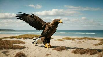 ein schön Sommer- Tag mit Blau Himmel und ein einsam stellers Meer Adler Über das Strand ai generativ foto