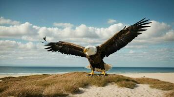 ein schön Sommer- Tag mit Blau Himmel und ein einsam stellers Meer Adler Über das Strand ai generativ foto