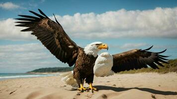 ein schön Sommer- Tag mit Blau Himmel und ein einsam stellers Meer Adler Über das Strand ai generativ foto