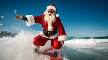 ai generativ Santa auf Ferien Surfen im das Ozean foto