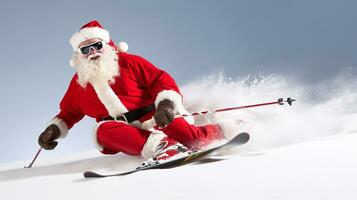 ai generativ cool Santa Skifahren Nieder das Berg foto