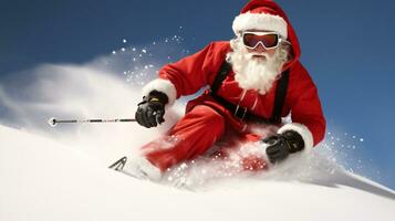 ai generativ cool Santa Skifahren Nieder das Berg foto