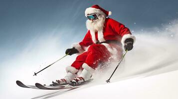 ai generativ cool Santa Skifahren Nieder das Berg foto
