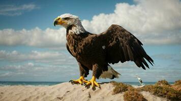 ein schön Sommer- Tag mit Blau Himmel und ein einsam stellers Meer Adler Über das Strand ai generativ foto