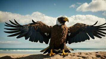 ein schön Sommer- Tag mit Blau Himmel und ein einsam stellers Meer Adler Über das Strand ai generativ foto