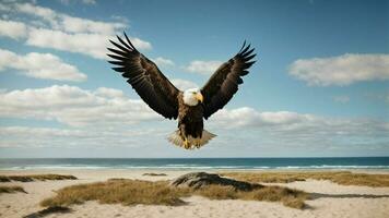 ein schön Sommer- Tag mit Blau Himmel und ein einsam stellers Meer Adler Über das Strand ai generativ foto