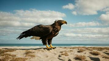 ein schön Sommer- Tag mit Blau Himmel und ein einsam stellers Meer Adler Über das Strand ai generativ foto