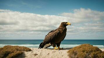 ein schön Sommer- Tag mit Blau Himmel und ein einsam stellers Meer Adler Über das Strand ai generativ foto