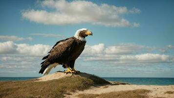 ein schön Sommer- Tag mit Blau Himmel und ein einsam stellers Meer Adler Über das Strand ai generativ foto