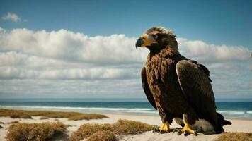 ein schön Sommer- Tag mit Blau Himmel und ein einsam stellers Meer Adler Über das Strand ai generativ foto