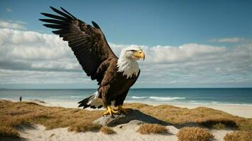 ein schön Sommer- Tag mit Blau Himmel und ein einsam stellers Meer Adler Über das Strand ai generativ foto