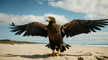 ein schön Sommer- Tag mit Blau Himmel und ein einsam stellers Meer Adler Über das Strand ai generativ foto