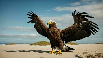 ein schön Sommer- Tag mit Blau Himmel und ein einsam stellers Meer Adler Über das Strand ai generativ foto