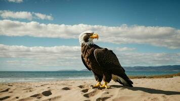 ein schön Sommer- Tag mit Blau Himmel und ein einsam stellers Meer Adler Über das Strand ai generativ foto