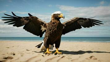 ein schön Sommer- Tag mit Blau Himmel und ein einsam stellers Meer Adler Über das Strand ai generativ foto