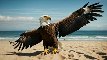 ein schön Sommer- Tag mit Blau Himmel und ein einsam stellers Meer Adler Über das Strand ai generativ foto