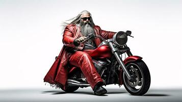 ai generativ cool Biker Santa mit Sonnenbrille auf ein Motorrad foto