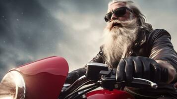 ai generativ cool Biker Santa mit Sonnenbrille auf ein Motorrad foto