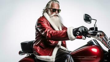 ai generativ cool Biker Santa mit Sonnenbrille auf ein Motorrad foto