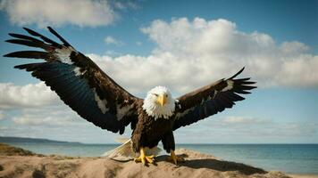 ein schön Sommer- Tag mit Blau Himmel und ein einsam stellers Meer Adler Über das Strand ai generativ foto