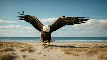 ein schön Sommer- Tag mit Blau Himmel und ein einsam stellers Meer Adler Über das Strand ai generativ foto