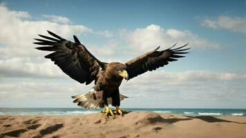 ein schön Sommer- Tag mit Blau Himmel und ein einsam stellers Meer Adler Über das Strand ai generativ foto