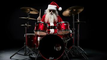 ai generativ cool Santa mit Sonnenbrille spielen das Schlagzeug, Herstellung ein Party foto